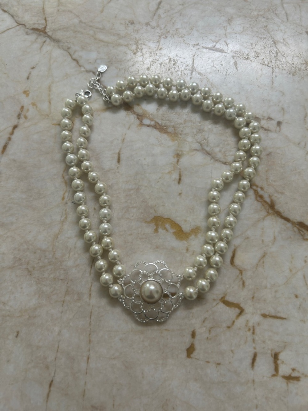 Elegant Pearl Double-Strand Necklace with Filigree Accent - Ivory